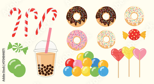 Colorful assortment of sweet treats and candies displayed on a light background.