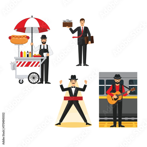 Four diverse illustrations of people engaged in various New York City activities, including a hot dog vendor, a businessman, a performer, and a musician.