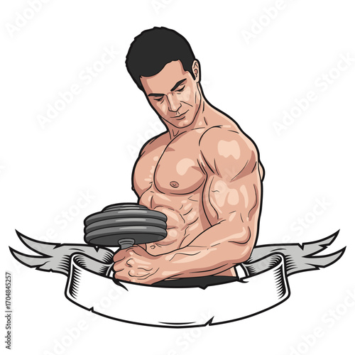 Powerful bodybuilder with a determined expression lifting a heavy dumbbell, framed by a blank ribbon for custom text. vector illustration