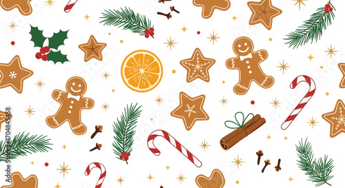 A delightful festive seamless pattern featuring gingerbread cookies candy canes and evergreen branches.