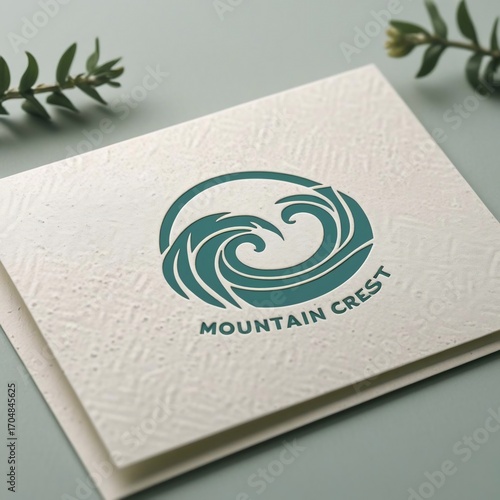 Sophisticated Mountain Crest Logo Mockup with Embossed Detail and Greenery