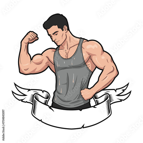 Strong man in a grey tank top flexing his bicep, with a blank ribbon banner below for a customizable gym logo. vector illustration
