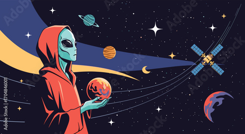 An alien wearing a red hoodie gazes at planets and stars in outer space.