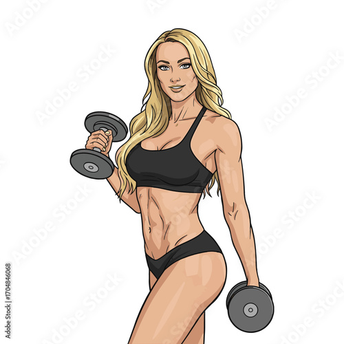 Beautiful and confident blonde fitness woman with toned abs posing with dumbbells in a black sports bikini. vector illustration