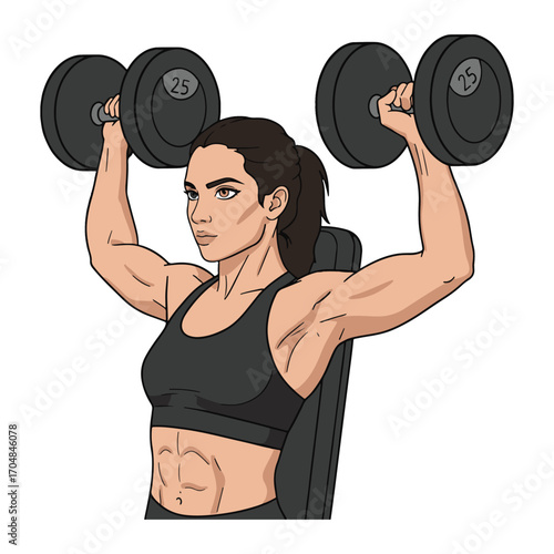 Powerful woman performing a shoulder press with heavy dumbbells, showcasing her strength and dedication in the gym. vector illustration