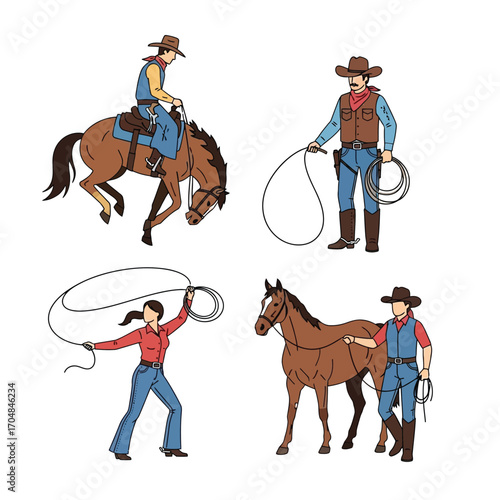 Four illustrations depicting cowboys and cowgirls in various poses, including riding horses and using lassos.