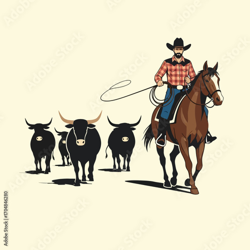 Cowboy on horseback herding cattle with a lasso. The man is wearing a hat and plaid shirt.