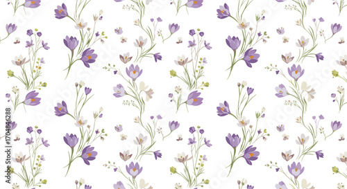 A delicate pattern of purple and white wildflowers scattered across a white background.