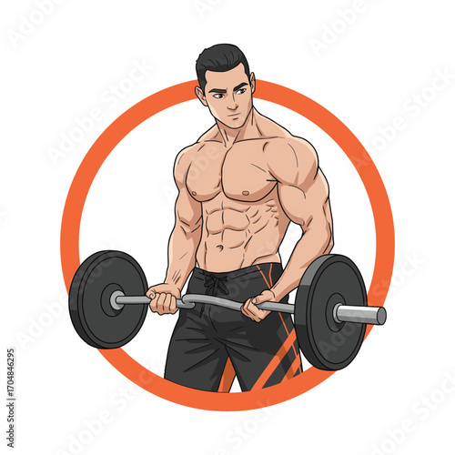 Muscular shirtless man lifting a barbell, framed in a circle to create a powerful and iconic gym or fitness logo. vector illustration