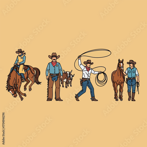 Four cowboys are depicted in a row, riding horses, herding cattle, and holding a lasso.