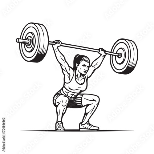 Dynamic black and white sketch of a strong woman performing a deep squat with a heavy barbell on her shoulders. vector illustration