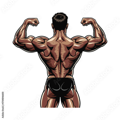 Incredibly detailed illustration of a bodybuilder's muscular back, flexing to show definition in the lats and traps. vector illustration