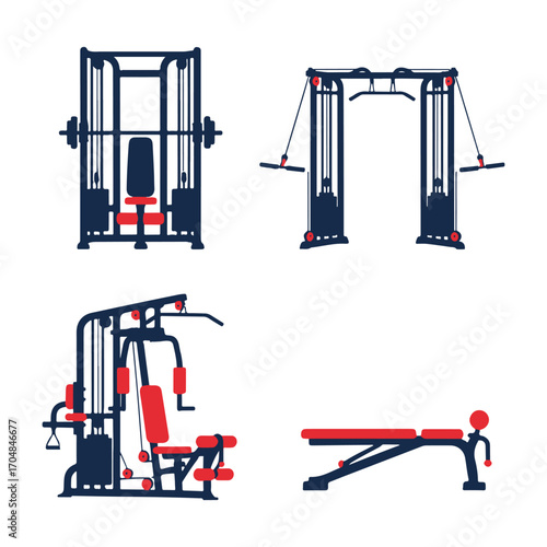 Collection of essential gym machines including a cable crossover, lat pulldown station, and an adjustable workout bench. vector illustration