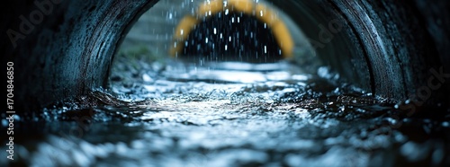 Rain pours down a dark, narrow tunnel, reflecting light and creating a dramatic, wet scene.