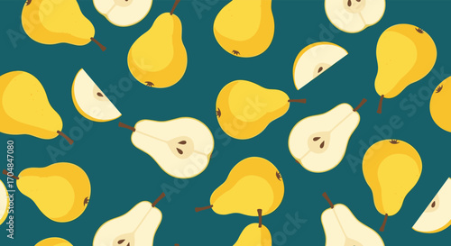 A close up view of sliced and whole yellow pears arranged on a teal blue background.