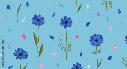 A charming pattern of delicate blue flowers and scattered petals on a soft blue background.