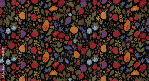 A vibrant and detailed floral and fruit pattern on a dark background with a folk art style.