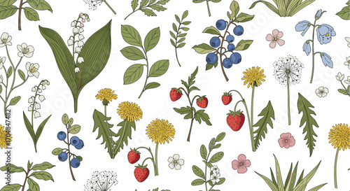 A charming seamless pattern of wild forest berries and delicate wildflowers with leaves and grass elements.