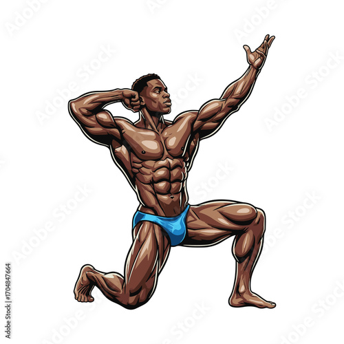 An elegant and muscular bodybuilder striking a classic physique pose, kneeling to showcase balance and definition. vector illustration