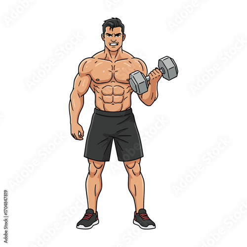 Full body illustration of a fit and handsome man in shorts holding a dumbbell, ready for a strength training workout. vector illustration