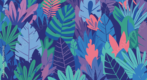 Vibrant abstract pattern of exotic tropical leaves in a dense jungle setting.