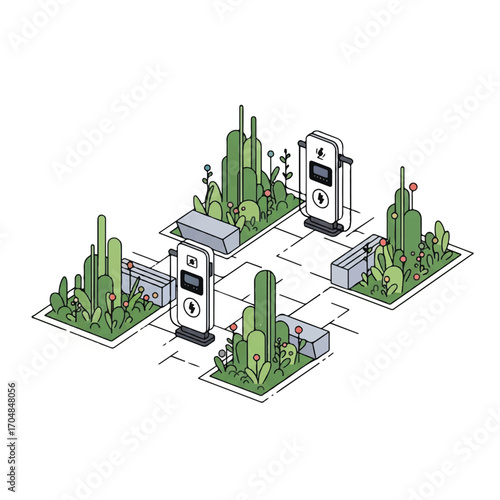 Isometric illustration of a sustainable smart city with green spaces and charging stations on a grid layout, showcasing eco-friendly urban planning.