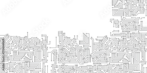 Abstract black circuit board technology connected lines electronics elements. 