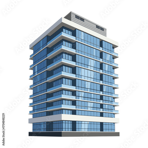A modern multi-story office or apartment building with a sleek glass facade, isolated on a white background for architectural concepts. vector illustration