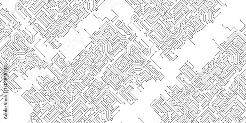 Abstract black circuit board technology connected lines electronics elements computer motherboard chip processor semiconductor digital on white background vector illustration.