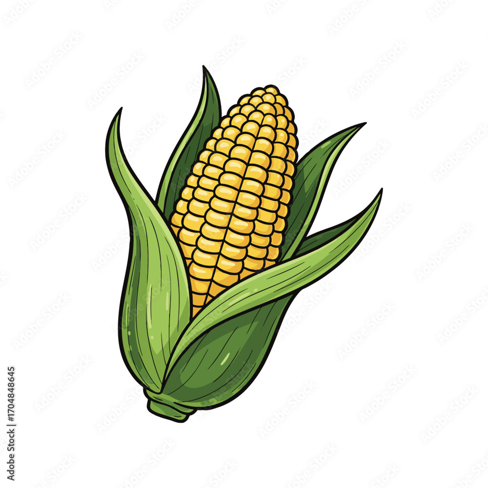 Obraz premium A realistic and detailed illustration of a ripe corn on the cob, with golden kernels peeking through the green husks. vector illustration