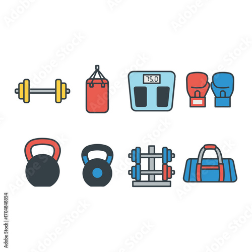 A collection of colorful flat design icons for gym, fitness, and boxing, including weights, gloves, and a punching bag. vector illustration