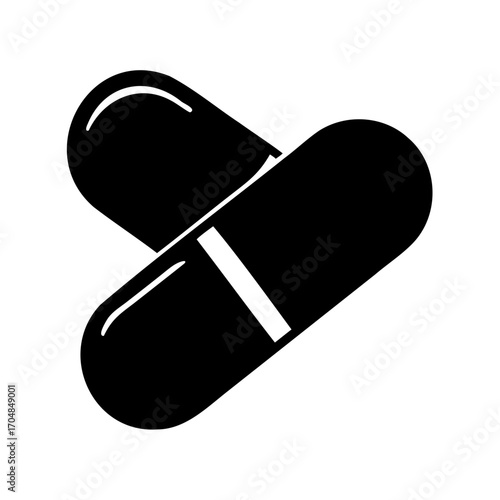 Two black pharmaceutical capsules overlapping each other in a white background