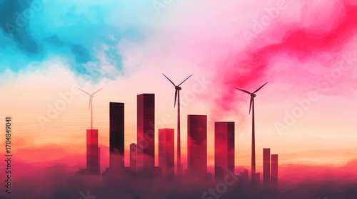 A vibrant digital artwork showcasing a city skyline with wind turbines amidst colorful, swirling skies.