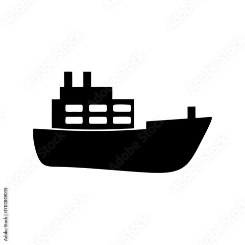 Simple black silhouette of a freighter ship at sea on white backdrop
