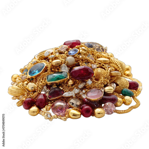 Pile of gold jewelry and gemstones