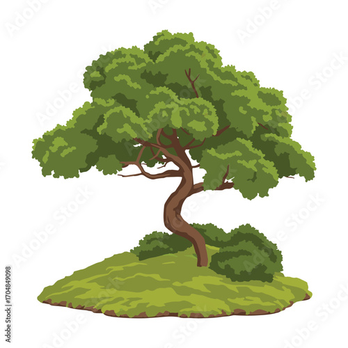 A beautifully manicured Japanese bonsai tree growing on a small, lush green hill, symbolizing harmony, balance, and zen. vector illustration