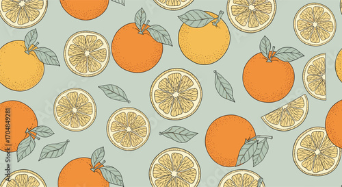 A vibrant citrus fruit pattern featuring oranges and sliced lemons on a pale blue background.