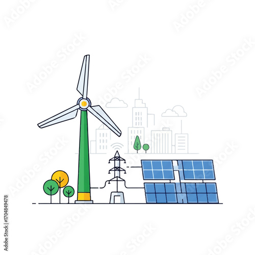 Illustration of a sustainable smart city with a wind turbine, solar panels, and power lines against a city skyline with trees and a clean, eco-friendly mood.