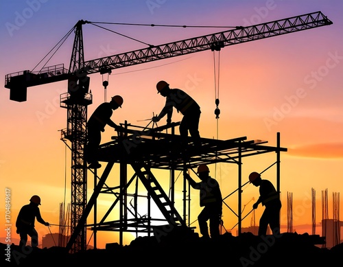 Silhouette of construction workers at sunset