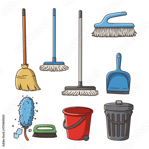 Assorted cleaning tools grouped for chores theme.