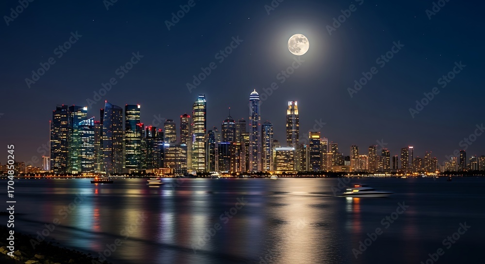 Obraz premium Dubai Skyline at Night with Full Moon.
