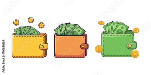 Colorful wallets hold money and coins illustration