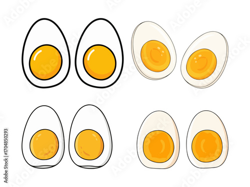 Four pairs of hard-boiled eggs sliced in half.