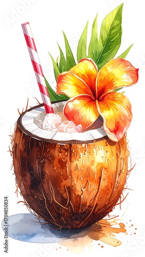 Watercolor coconut cocktail drink