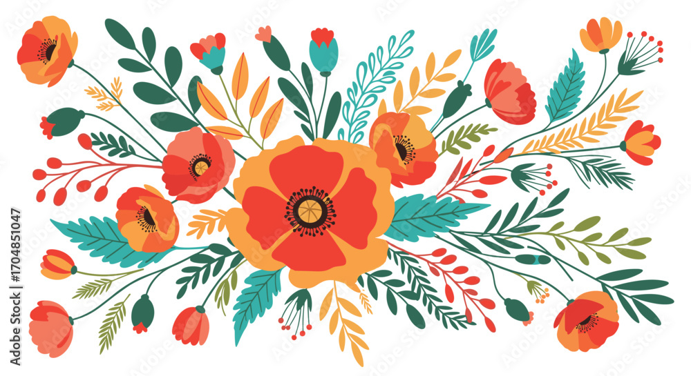 Obraz premium A vibrant arrangement of colorful wildflowers and foliage in a whimsical style.