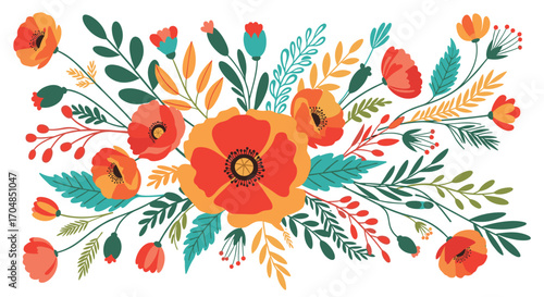 A vibrant arrangement of colorful wildflowers and foliage in a whimsical style.