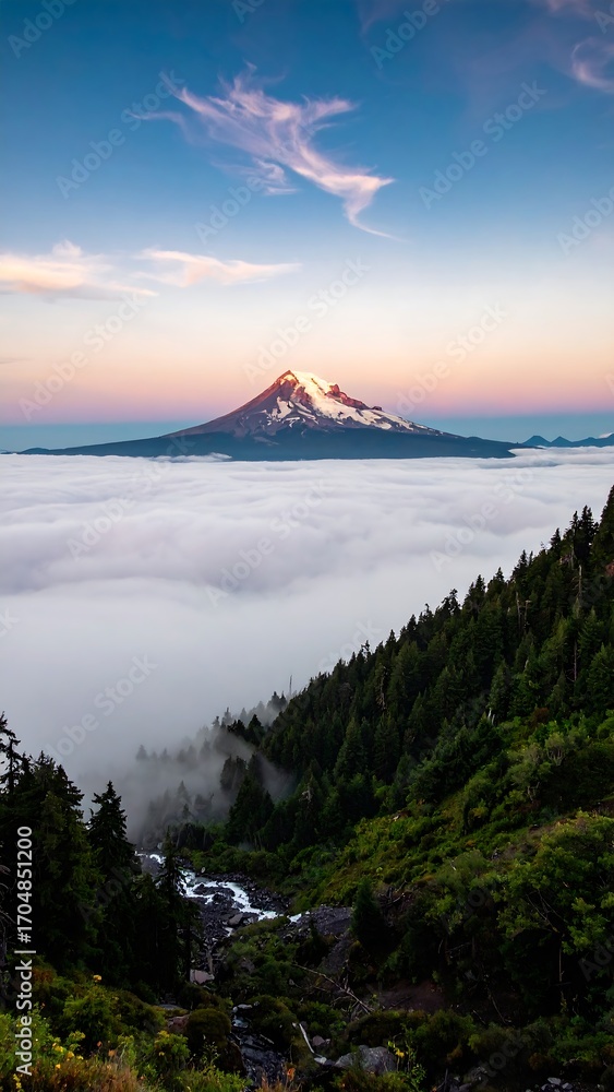 Naklejka premium Mountain peak rising above a sea of clouds