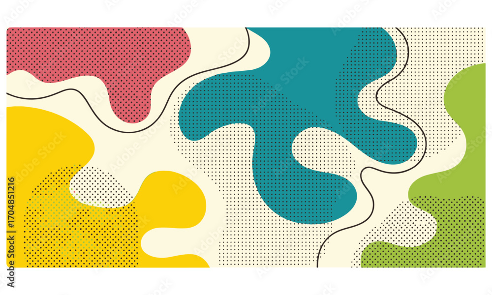 Fototapeta premium A modern and artistic abstract background with flowing liquid shapes in green, yellow, and red with wavy line details. vector illustration