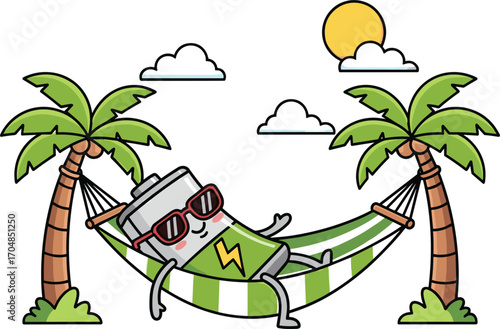 Cartoon battery relaxing in hammock between palm trees
