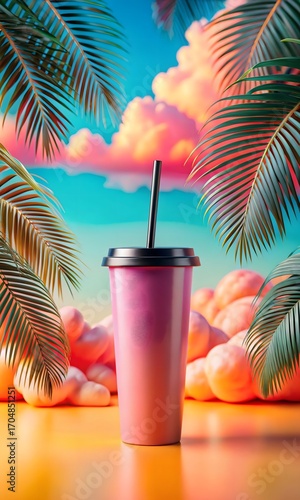 3d icon of a tall pink cup with a black lid and straw, framed by lush palm leaves against a vibrant tropical sunset sky with fluffy clouds, evoking a vacation vibe